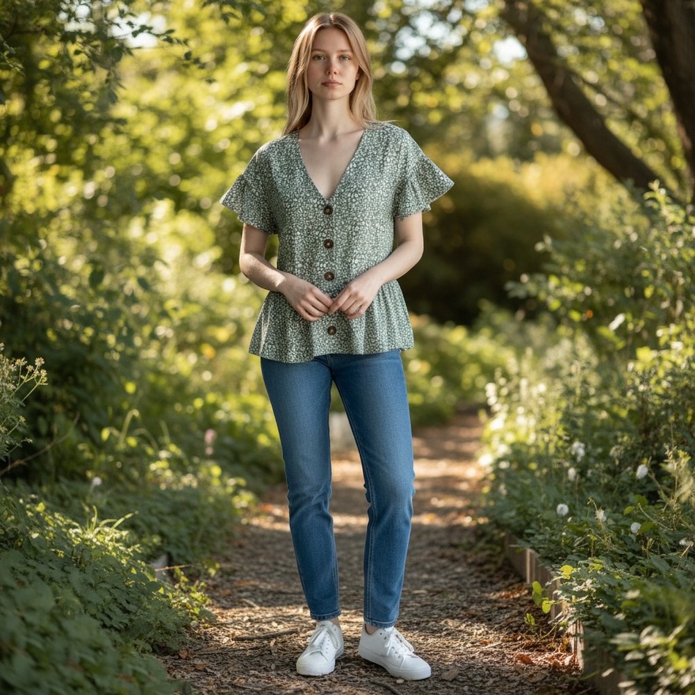 Shein Peplum Top Green and White Print V Neck‎ Button Down Short Flutter Sleeve